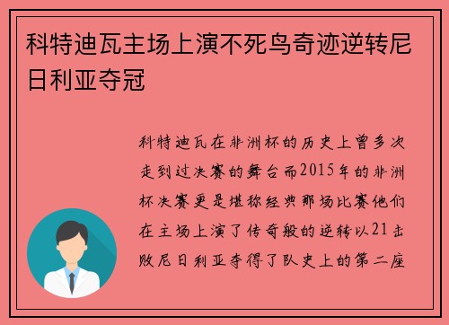 科特迪瓦主场上演不死鸟奇迹逆转尼日利亚夺冠