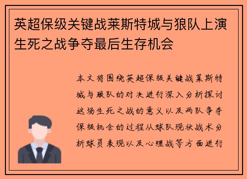 英超保级关键战莱斯特城与狼队上演生死之战争夺最后生存机会