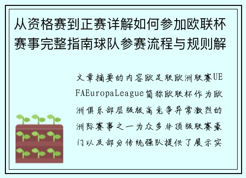 从资格赛到正赛详解如何参加欧联杯赛事完整指南球队参赛流程与规则解析