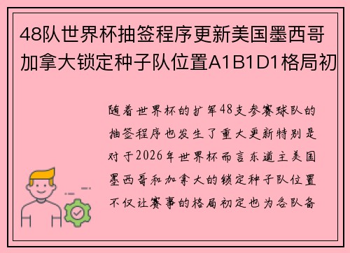 48队世界杯抽签程序更新美国墨西哥加拿大锁定种子队位置A1B1D1格局初定
